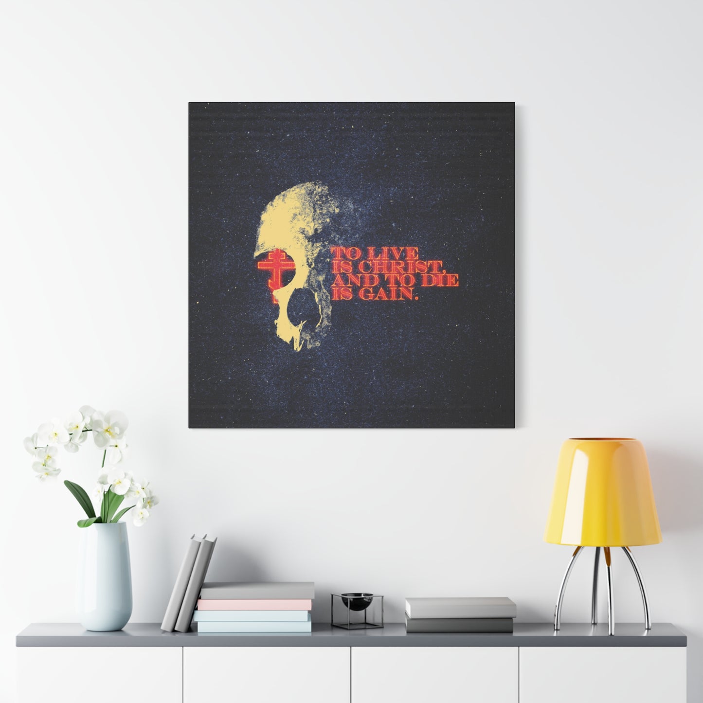 To Live is Christ and to Die is Gain | Phil 1:21 | Retro Texture | Glowing Letters and Cross with Skull | Orthodox Christian Canvas Art