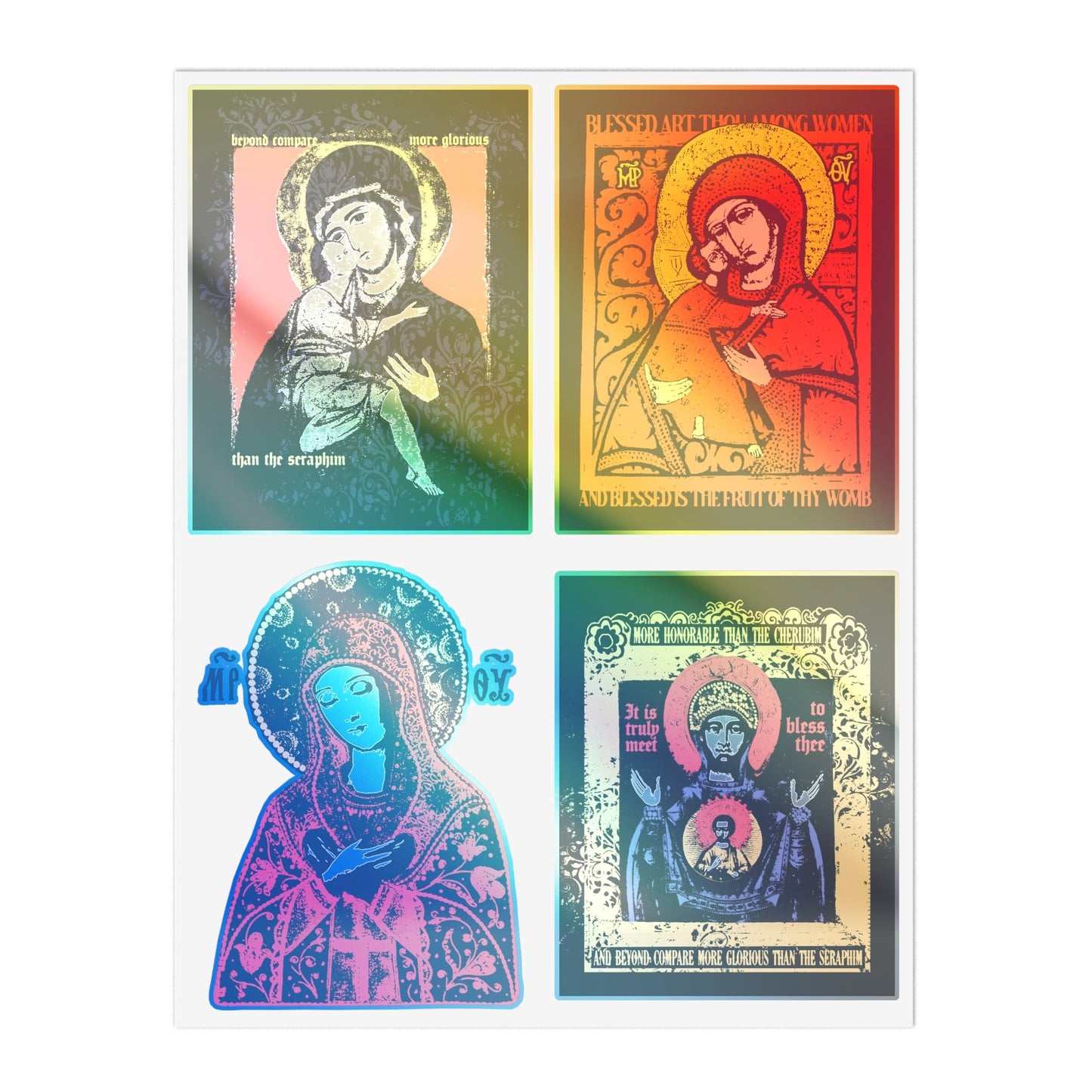 Theotokos IconoGraphic Sticker Collection No. 1 by Remembrance of Death features four unique Orthodox Christian icons—Vladimir, Joy of All Joys, and "Of the Sign"—blending traditional and modern designs in blue, red, green, and yellow.