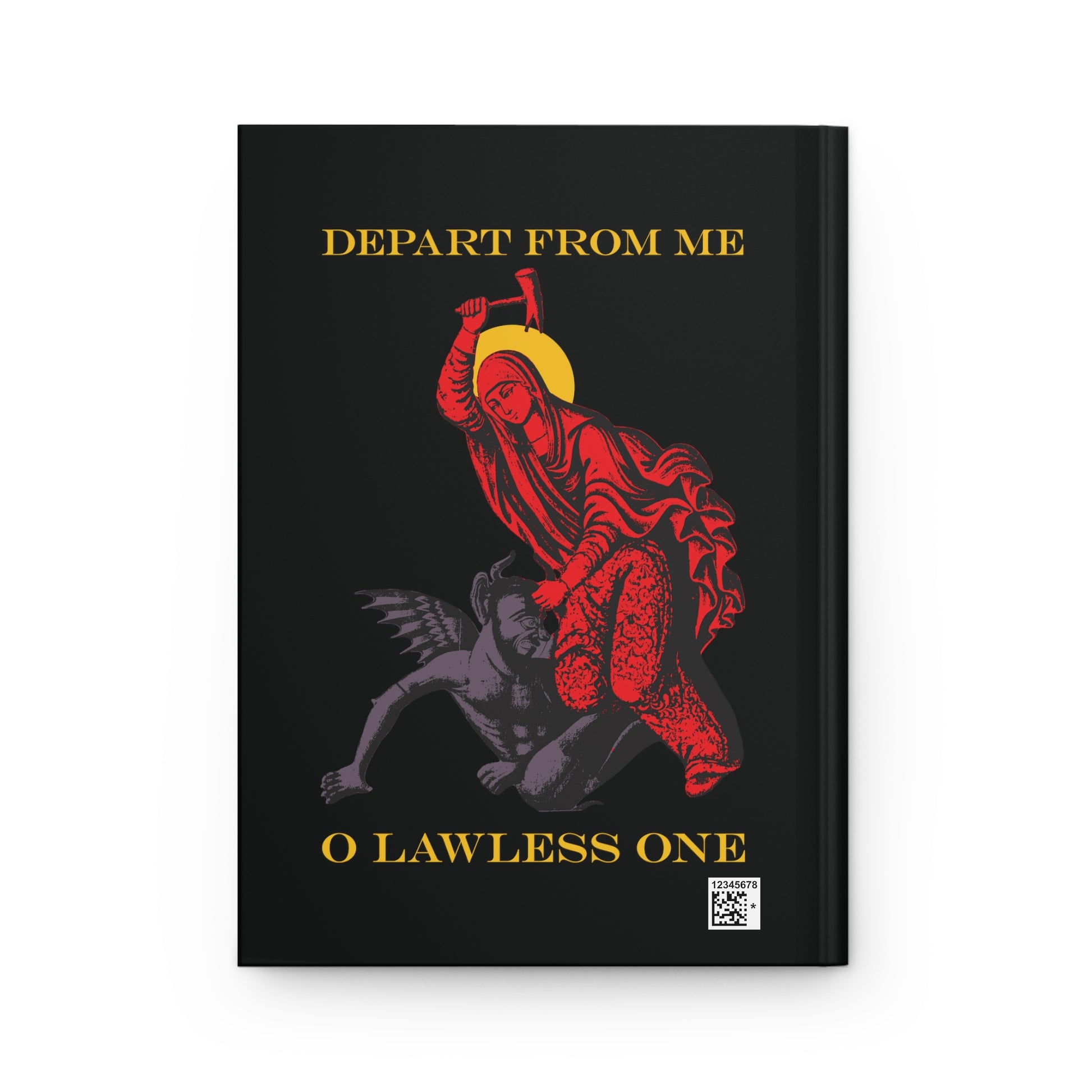 St Marina IconoGraphic Hardcover Journal: Saint Marina in red robe beats the devil with a hammer; "DEPART FROM ME O LAWLESS ONE" text on black. Bestselling Orthodox Christian accessory.