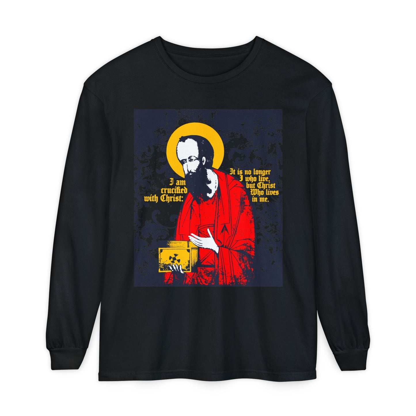 Black "St Paul Holding Gospel" Orthodox Christian long sleeve shirt features iconographic art and Galatians 2:20: "I am crucified with Christ." A meaningful expression of faith, now available in elegant black.