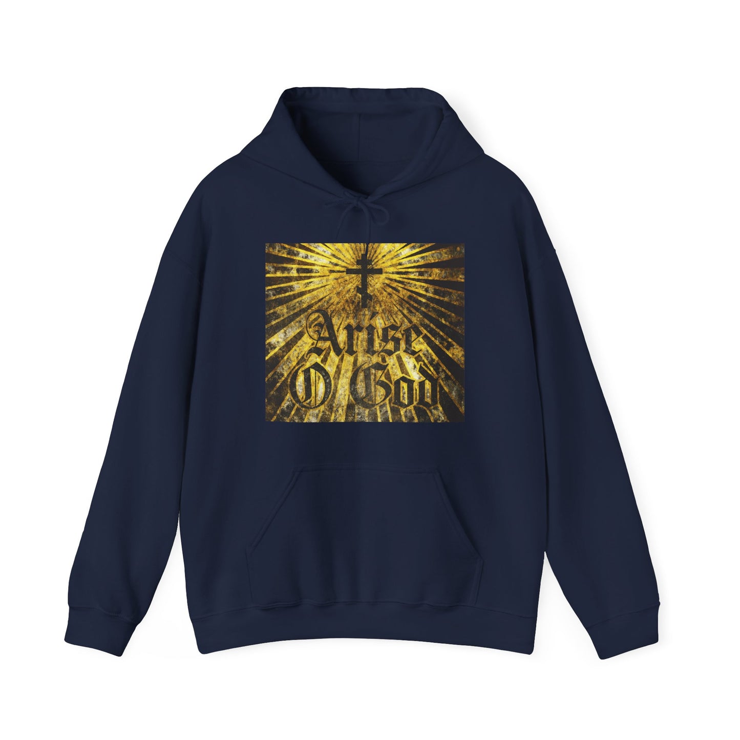 Navy “Arise O God” hoodie with Orthodox Cross, golden rays, and textured Gothic font, inspired by Psalm 81 (82 LXX) and the Divine Council worldview.