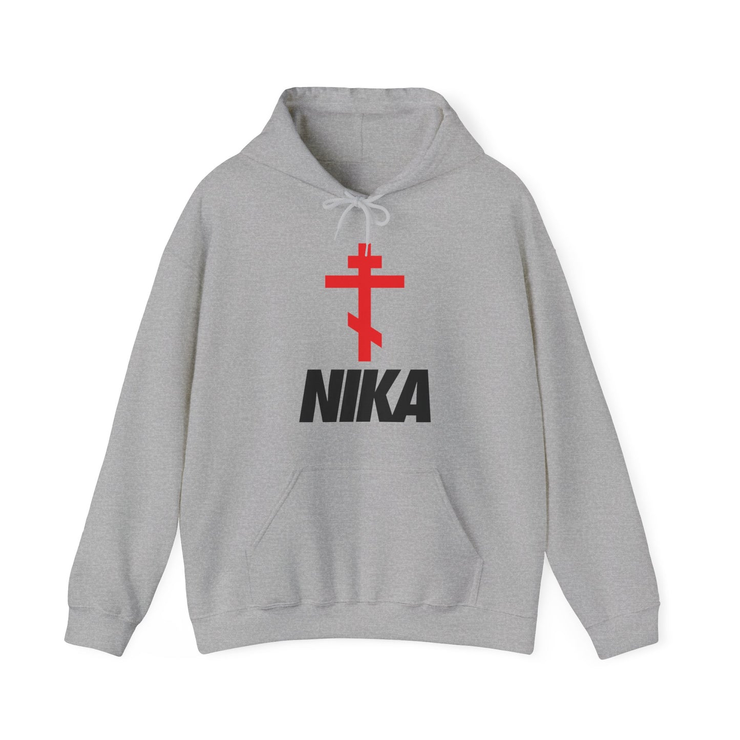 NIKA Red Russian Cross Black Text | NIKE Logo Mashup | Minimalist Corporate Sports Logo Aesthetic | Orthodox Christian Hoodie / Hooded Sweatshirt-Sport Grey-S-Remembrance of Death