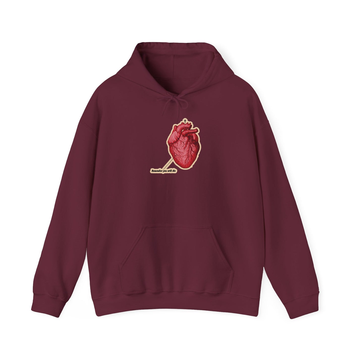 Maroon hoodie featuring a retro anatomical heart and Orthodox cross, with “Remember You Will Die” and “It’s Later Than You Think”—a Christian memento mori design reminding us of repentance and God’s mercy.