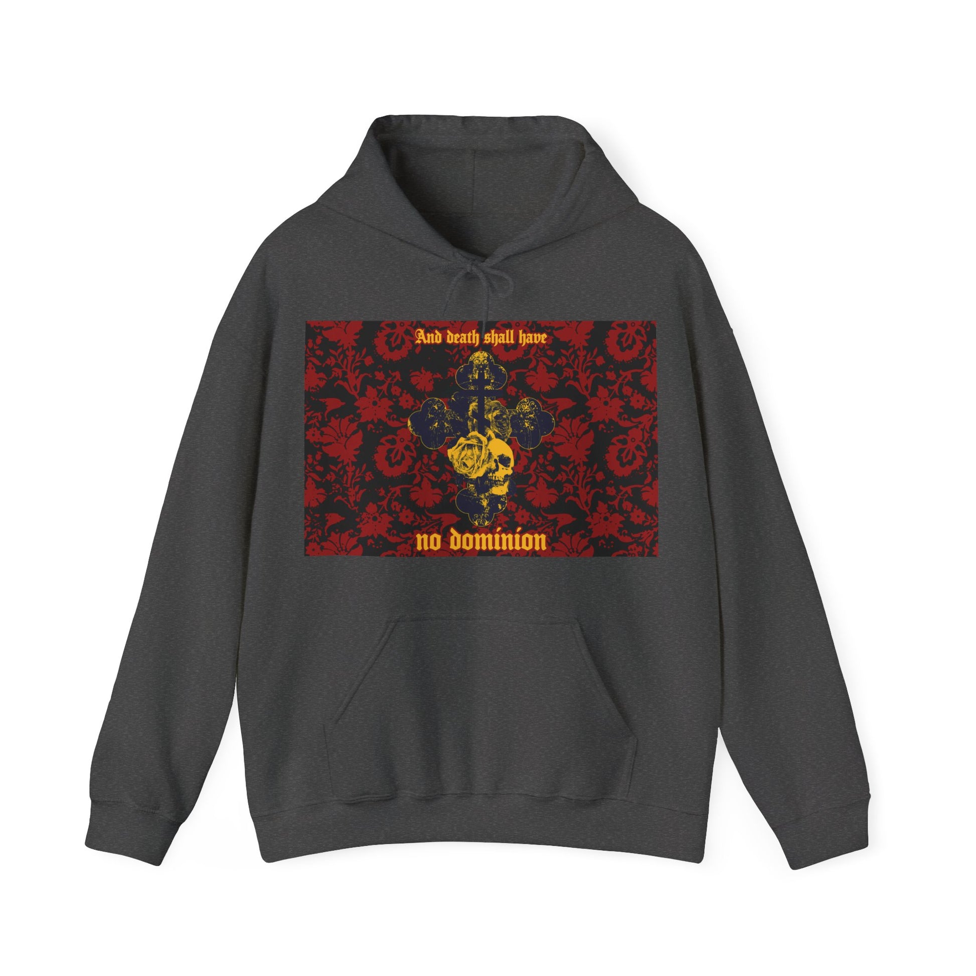 And Death Shall Have No Dominion (Dylan Thomas) | Resurrection | Gothic Style Cross, Skull and Rose on Floral Background | Orthodox Christian Hoodie-Dark Heather-S-Remembrance of Death