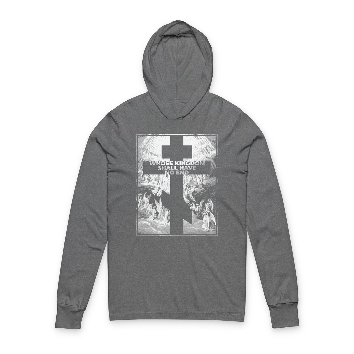 Show your faith with this Grey TriBlend Orthodox hoodie, featuring Gustave Dore’s Revelation etching and “Whose Kingdom Shall Have No End” from the Nicene Creed—a bold Symbol of Faith statement.