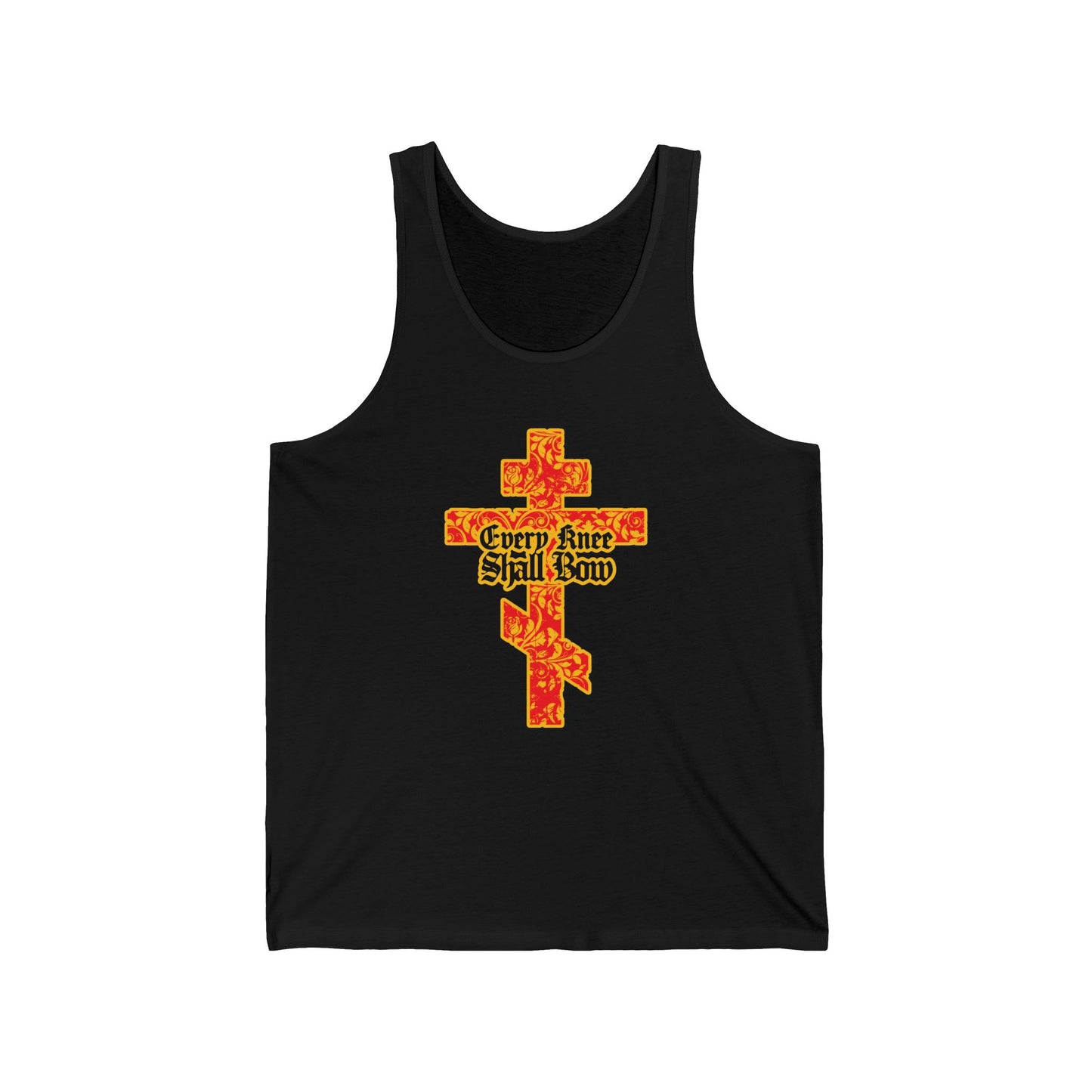 Black tank top with a gold and red floral Orthodox cross, gothic lettering, and "Every Knee Shall Bow" inspired by Isaiah 45:22-24 & Phil 2:7-11. Christian apparel referencing the righteousness of Jesus Christ.