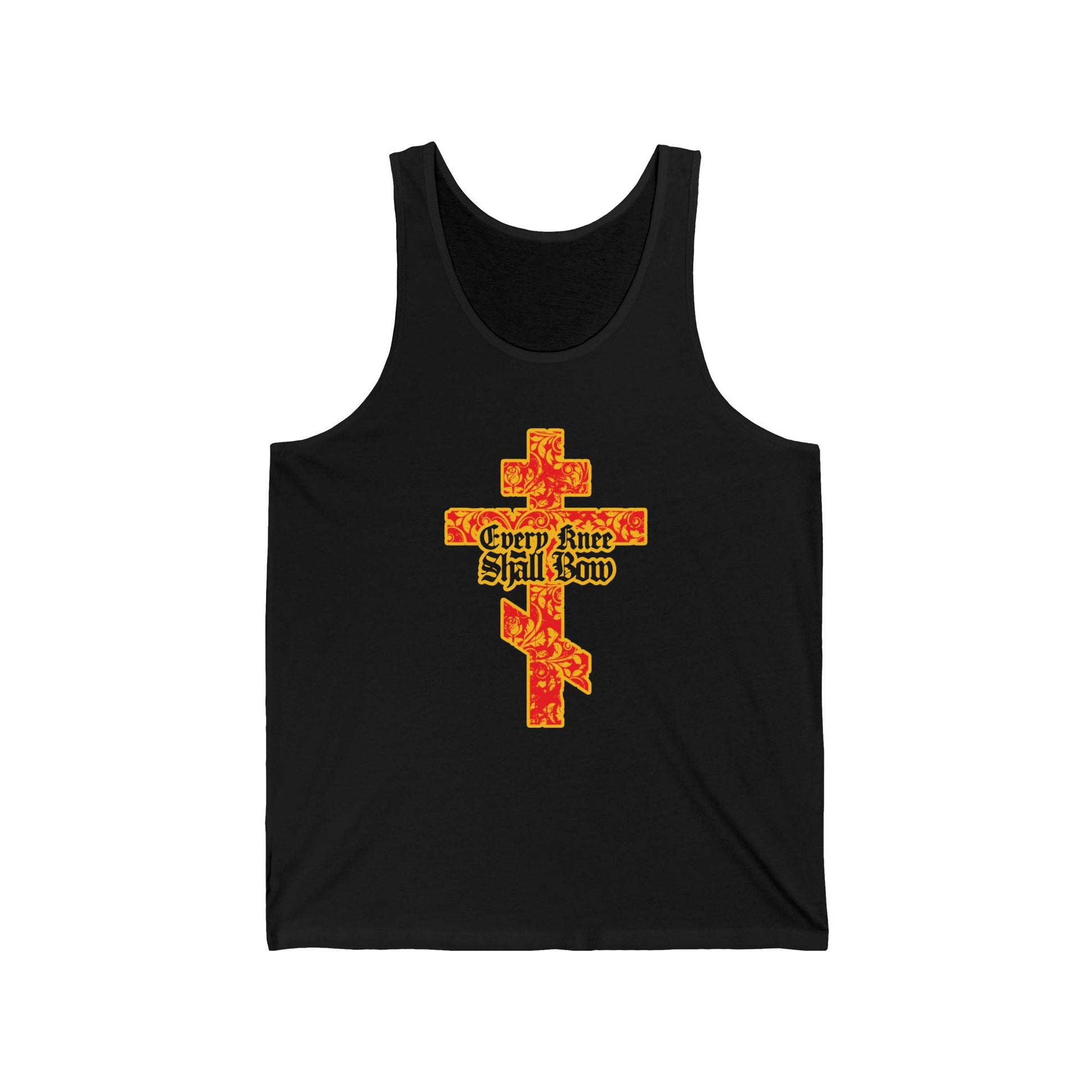 Black tank top with a gold and red floral Orthodox cross, gothic lettering, and "Every Knee Shall Bow" inspired by Isaiah 45:22-24 & Phil 2:7-11. Christian apparel referencing the righteousness of Jesus Christ.