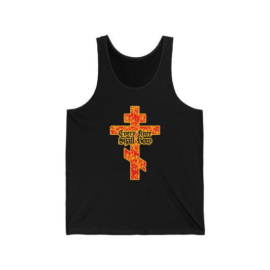 Black tank top with a gold and red floral Orthodox cross, gothic lettering, and "Every Knee Shall Bow" inspired by Isaiah 45:22-24 & Phil 2:7-11. Christian apparel referencing the righteousness of Jesus Christ.