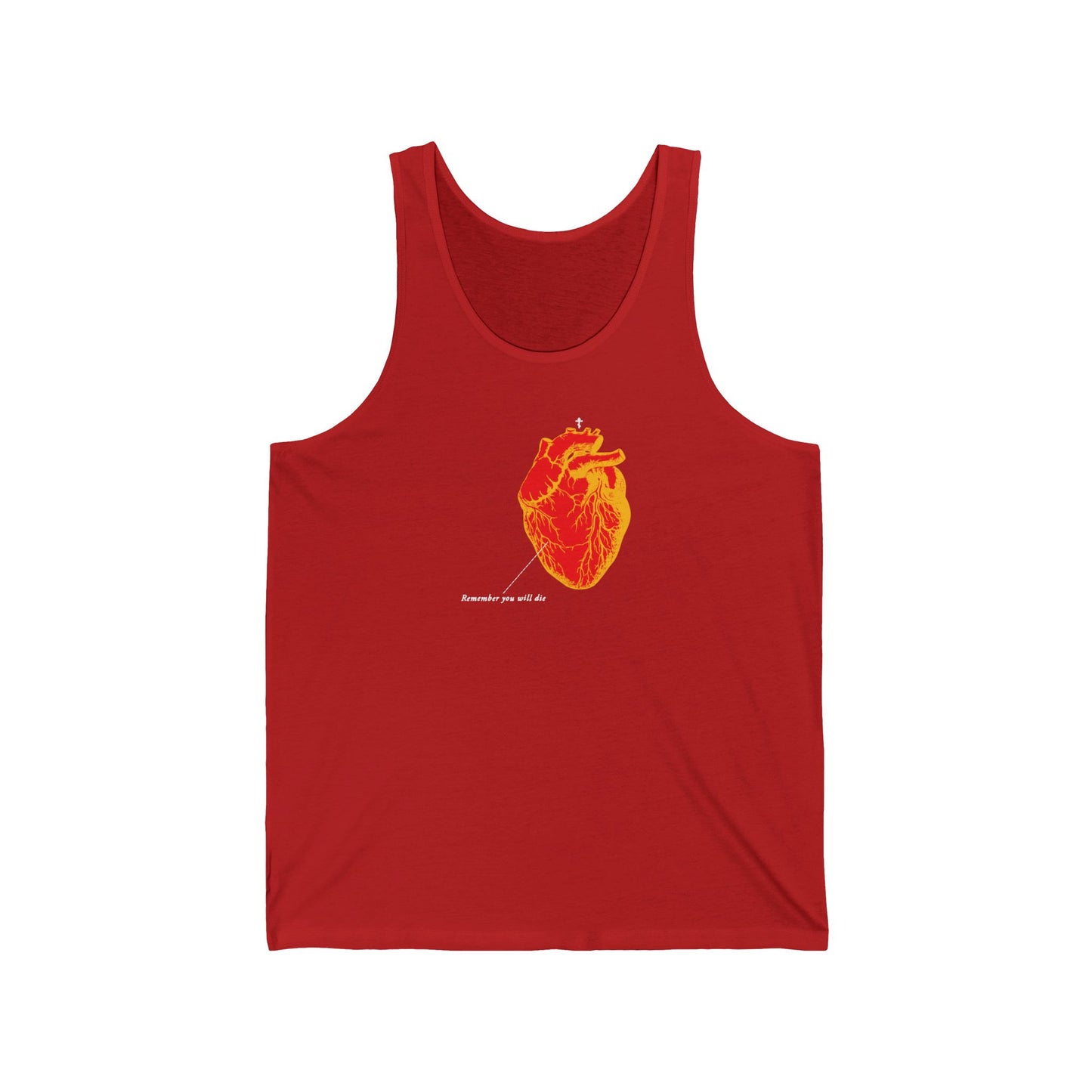 Red tank top featuring a retro medical textbook heart design in inverted red and orange, with "Remember You Will Die" text—Memento Mori Orthodox Christian cotton tank.