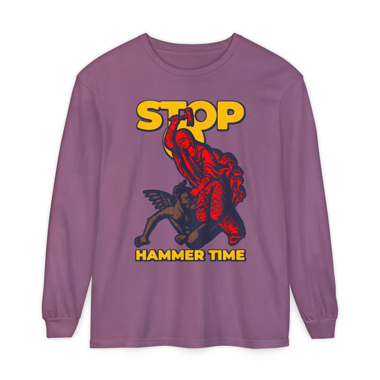 St Marina of Antioch Beating the Devil with a Hammer long sleeve—features bold STOP, HAMMER TIME text in yellow and vibrant red/blue design. Modern Orthodox meme, inspired by Saint Marina; perfect for Christian humor fans!.
