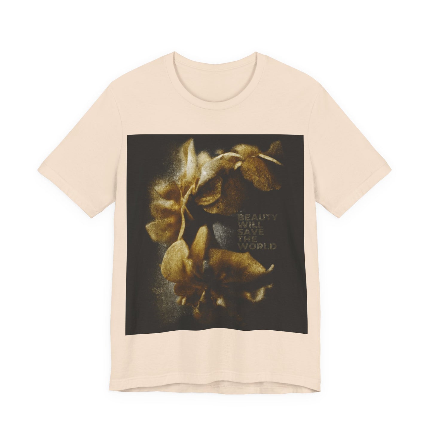 Soft Cream t-shirt featuring a black square with abstract gold flowers, inspired by original photography, and "BEAUTY WILL SAVE THE WORLD." Celebrate Dostoevsky's vision and glorify Jesus Christ, Universal Creator & King, in Orthodox Christian style.