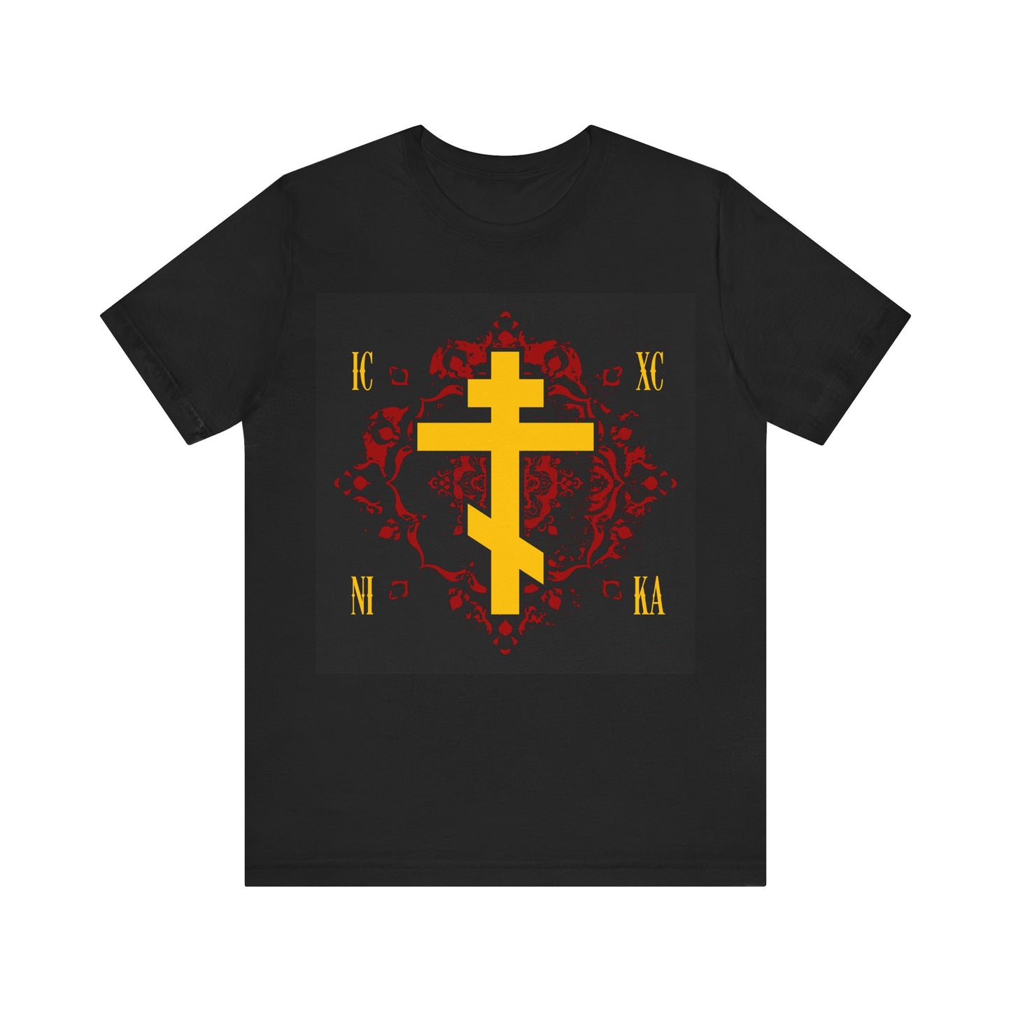 ICXC NIKA Yellow Russian Cross on Ornate Red Background Design | Jesus Christ Conquers | Orthodox Christian T-Shirt