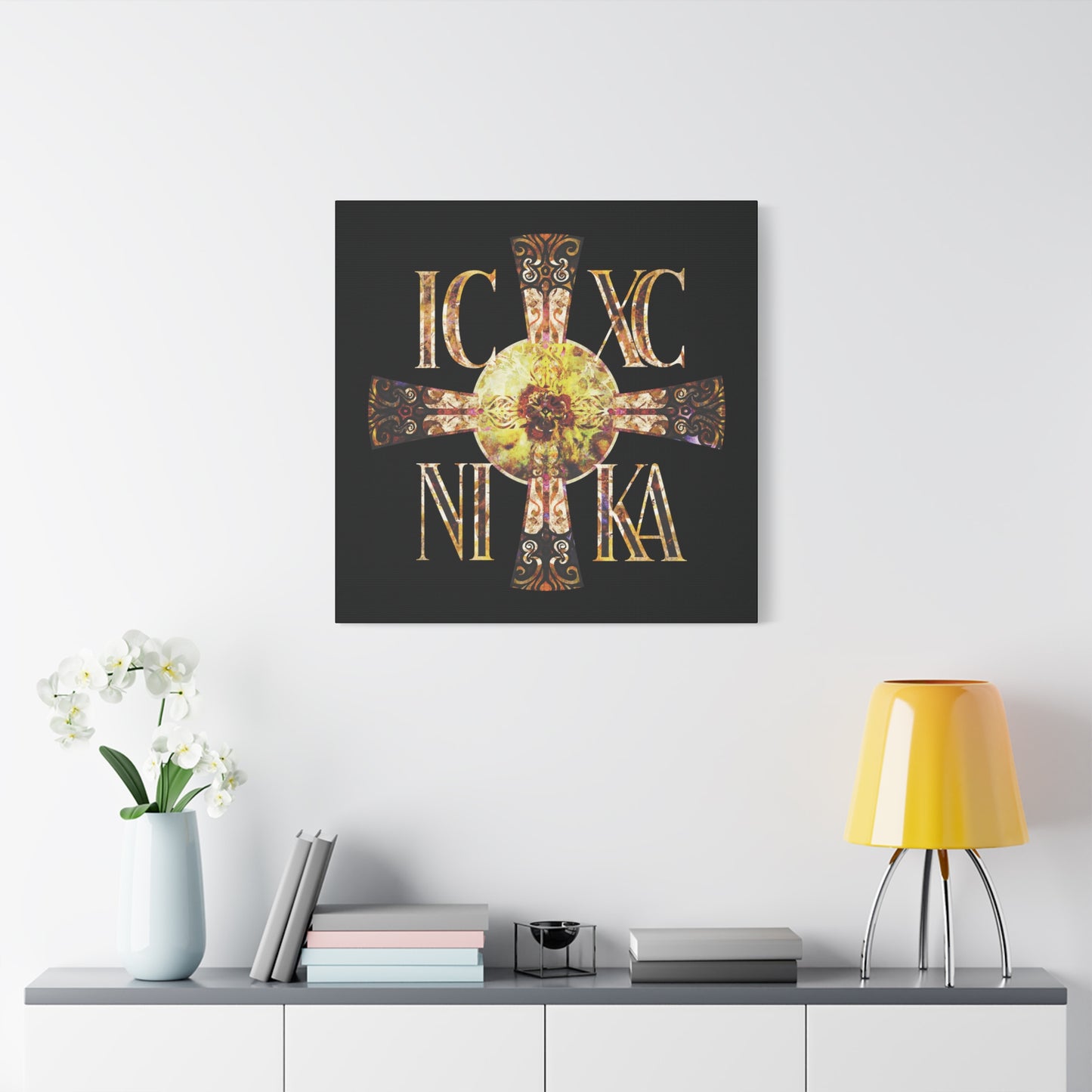 ICXC NIKA Celtic Style Equal Armed Cross | Bright Solar Texture | Orthodox Christian Canvas Art