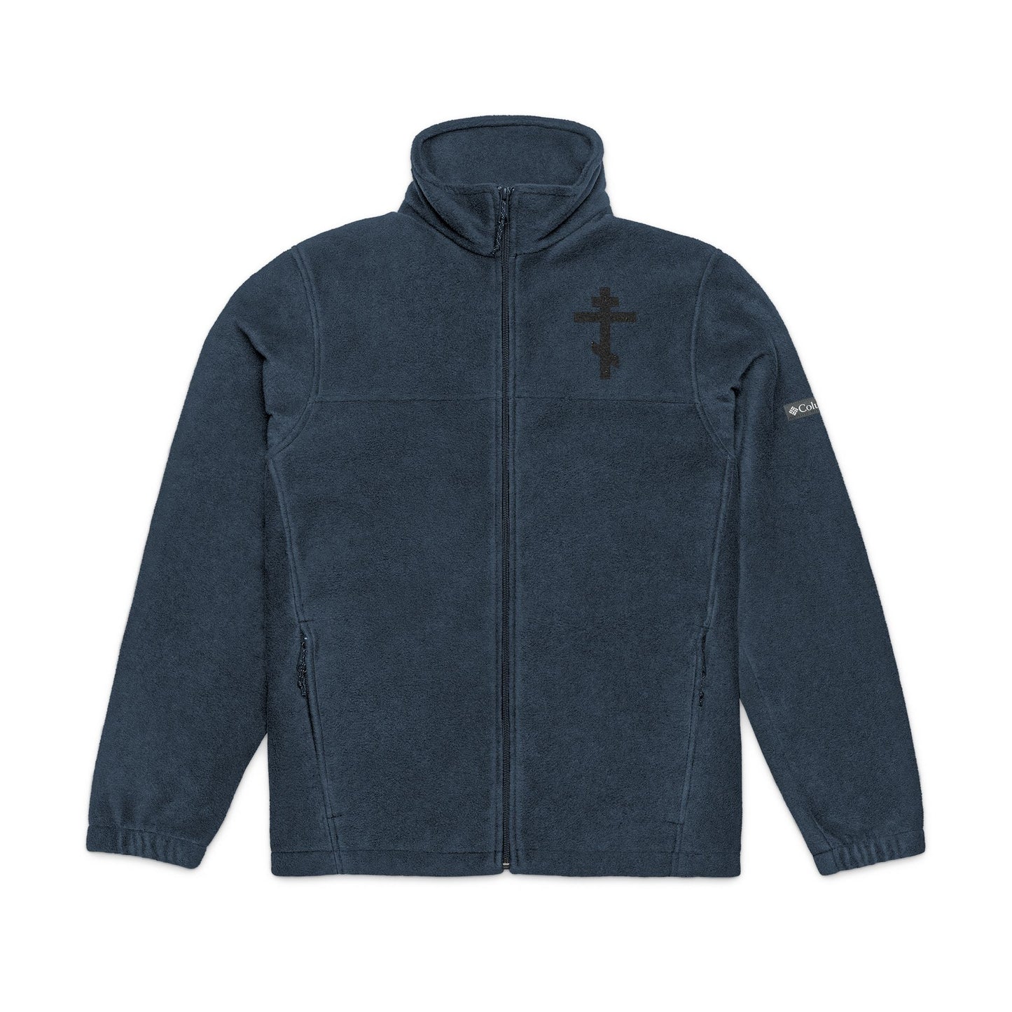 Collegiate Navy unisex Columbia fleece jacket with zippered pockets, featuring an embroidered black Orthodox Christian cross on the chest—ideal for clergy. Rejoice! O Life-Giving Cross.