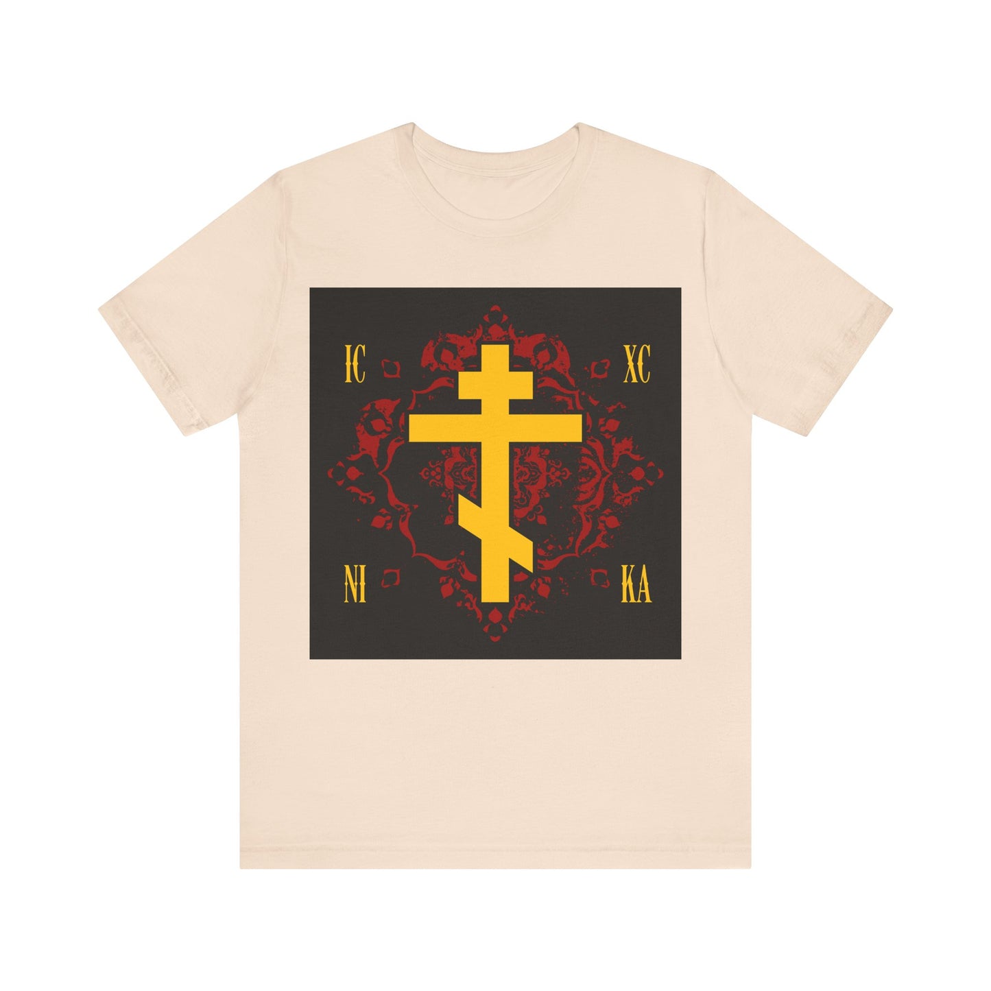 ICXC NIKA Yellow Russian Cross on Ornate Red Background Design | Jesus Christ Conquers | Orthodox Christian T-Shirt