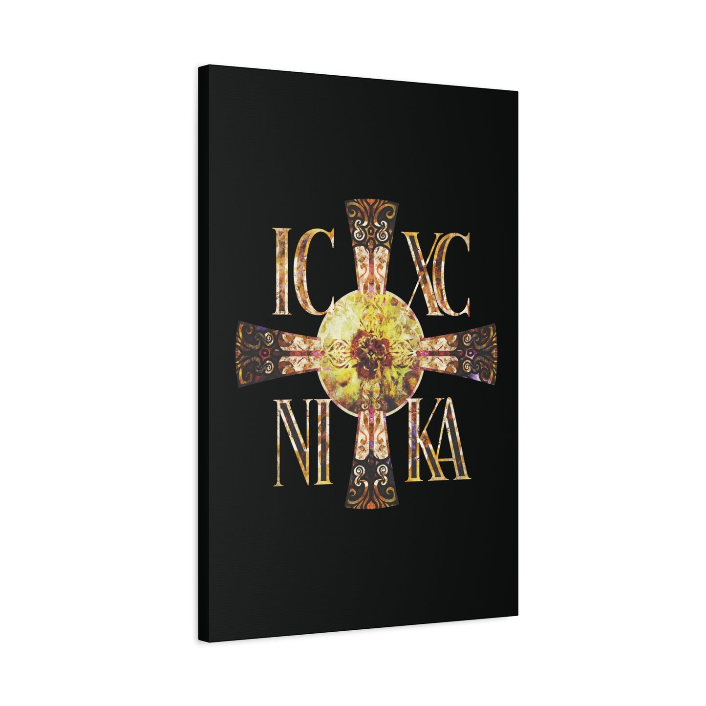 ICXC NIKA Celtic Style Equal Armed Cross | Bright Solar Texture | Orthodox Christian Canvas Art