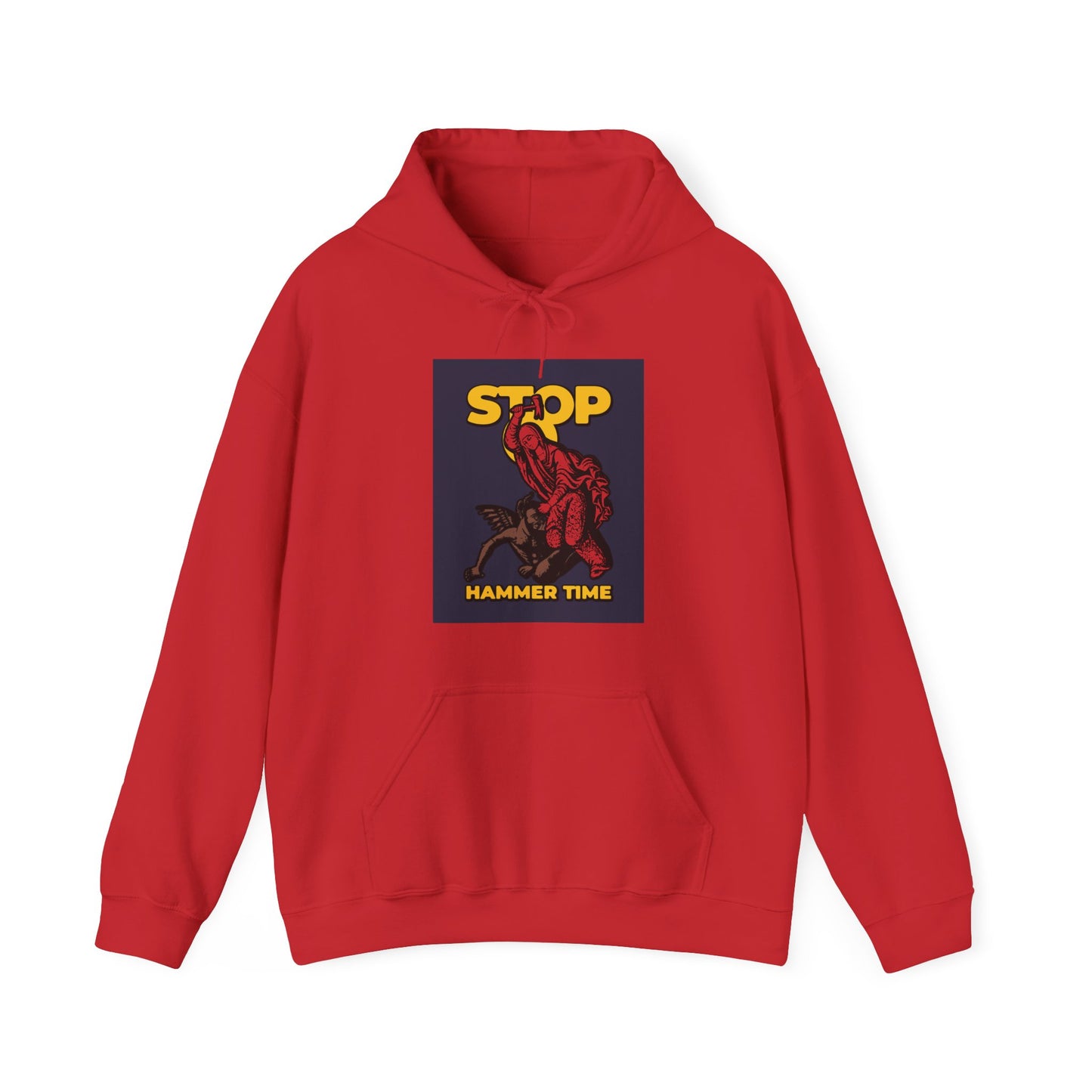 Red, blue, and yellow hoodie featuring St. Marina of Antioch beating the devil with a hammer and the phrase "Stop, Hammer Time"—a modern Orthodox meme for fans of quirky Christian style.