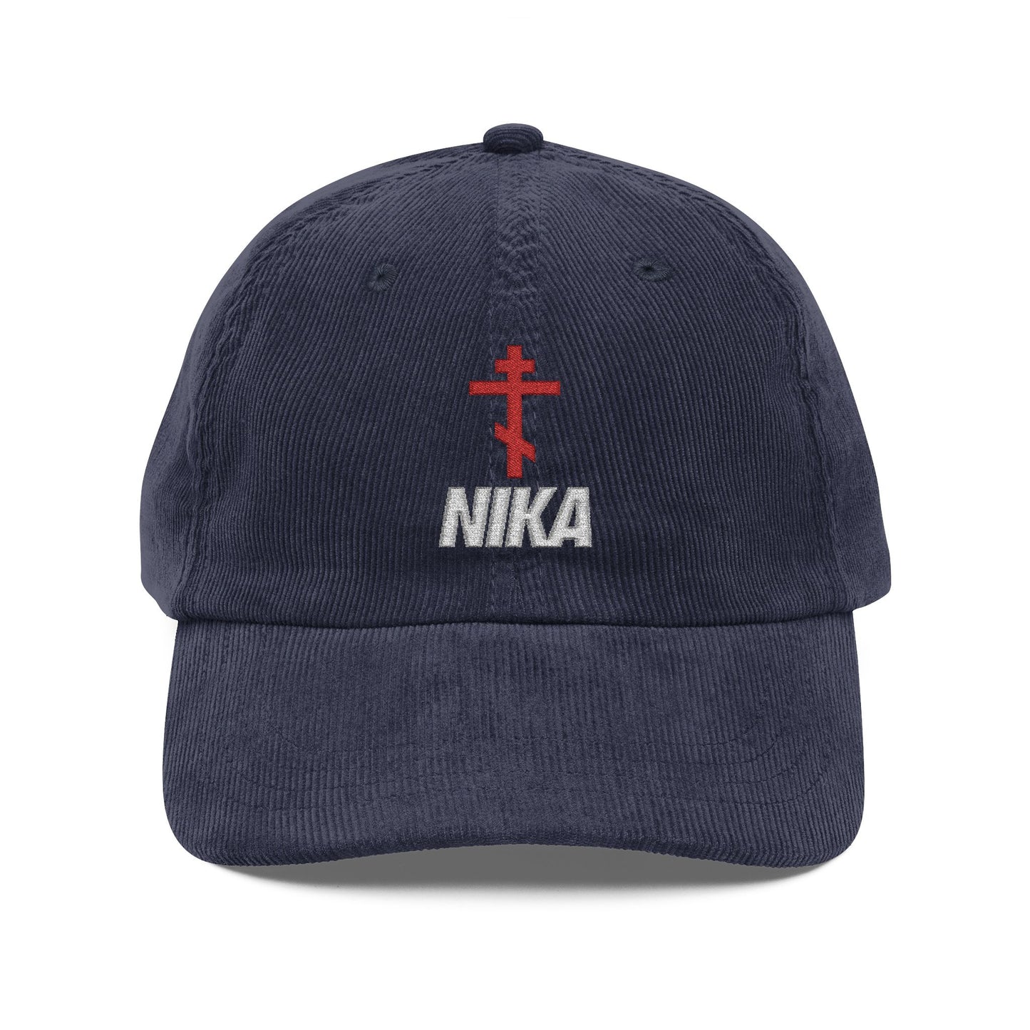 NIKA Red Russian Cross w/ White Text | NIKE Logo Mashup | Orthodox Christian Vintage Embroidered Corduroy Cap