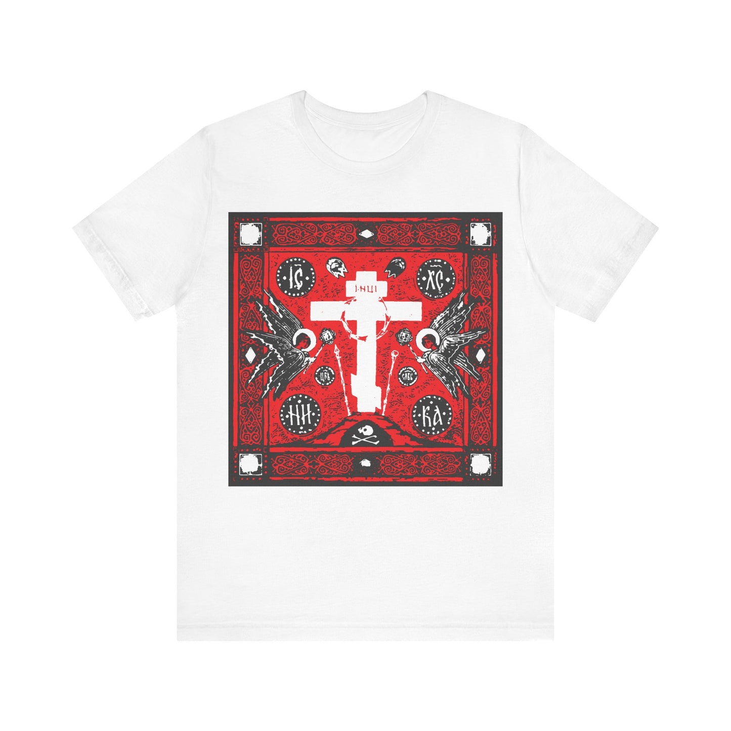 Adoration of Holy Cross IconoGraphic | Striking Red, White, & Black Russian Cross Design w/ Angels | Orthodox Christian T-Shirt