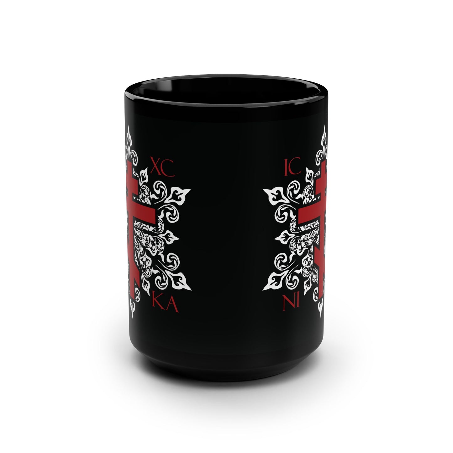 ICXC / NIKA Red Orthodox Cross on Ornate White Medieval Floral Design | Exclusive Best-Selling | Orthodox Christian Black Mug