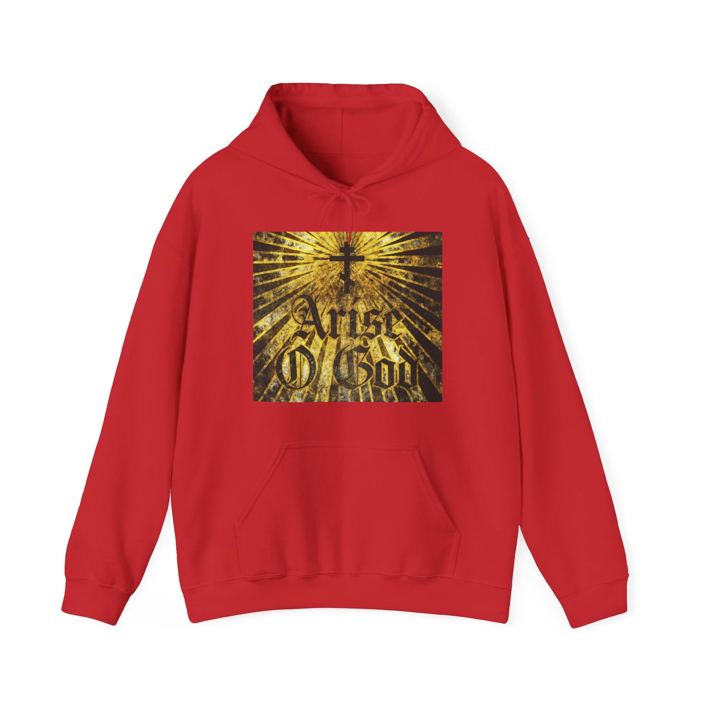Red "Arise O God" hoodie featuring a textured Gothic font, Orthodox cross with golden rays, inspired by Psalm 81 (82 LXX) and the Divine Council worldview—Orthodox Christian apparel.