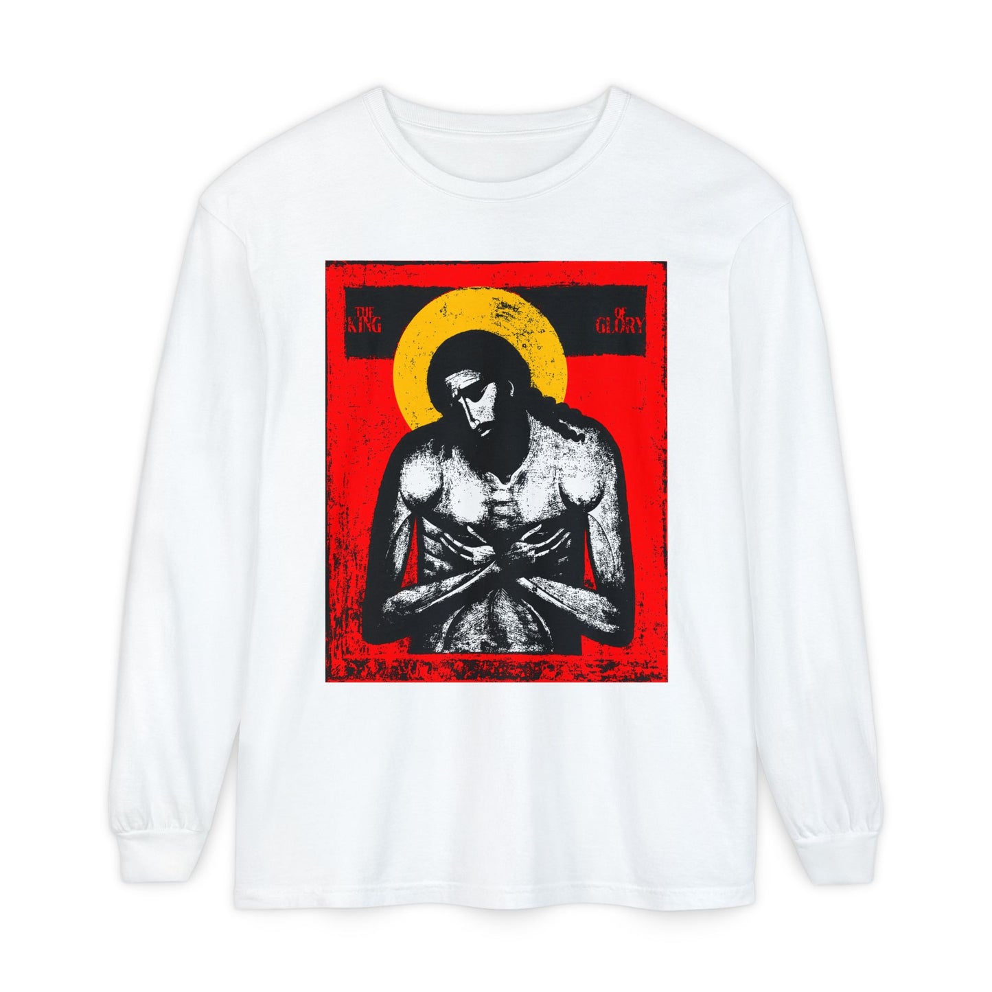White long-sleeve "The King of Glory Jesus Christ 'Extreme Humility' IconoGraphic" shirt with a somber figure, yellow halo, and red background; Christian devotional art in red, yellow, white, and black.