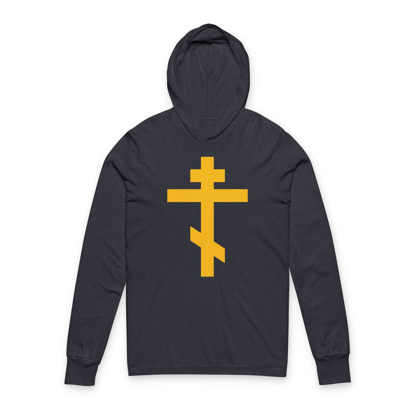 Heather navy Christian cotton hooded shirt featuring a large yellow Orthodox cross, inspired by the "Precious and Life-Giving Weapon of Unseen Warfare"—the scourge of demons.