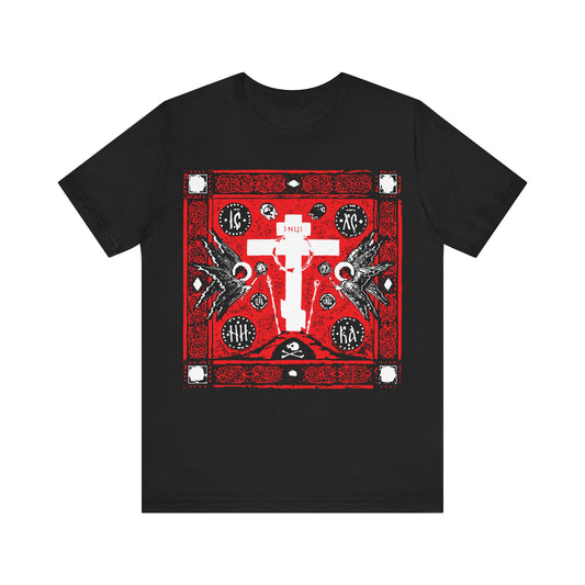 Adoration of Holy Cross IconoGraphic Orthodox Christian T-Shirt—black tee with a striking red, white, and black Russian cross design featuring angels and intricate details.