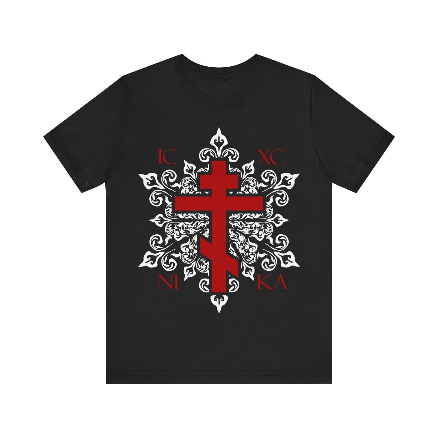 ICXC / NIKA Red Orthodox Cross on Ornate White Medieval Floral Design | Exclusive Best-Selling Orthodox Christian T-Shirt