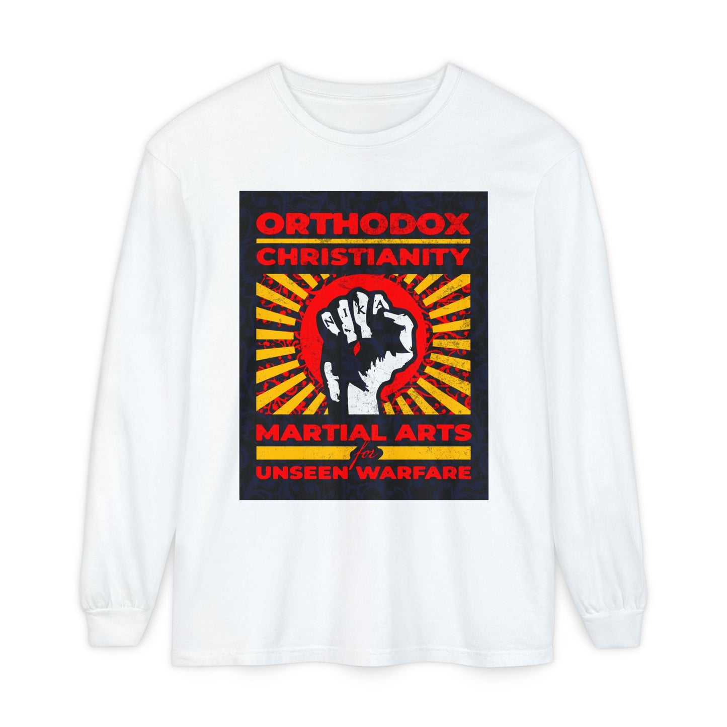 Orthodox Christianity: Martial Arts for Unseen Warfare | NIKA Jesus Fist on Colorful Sunburst Design | Orthodox Christian Long Sleeve Shirt