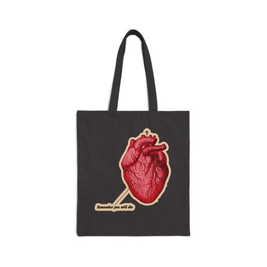 Black tote bag featuring a retro medical heart design, Orthodox Cross, and “Remember You Will Die”—a bold memento mori and reminder of Christian faith.