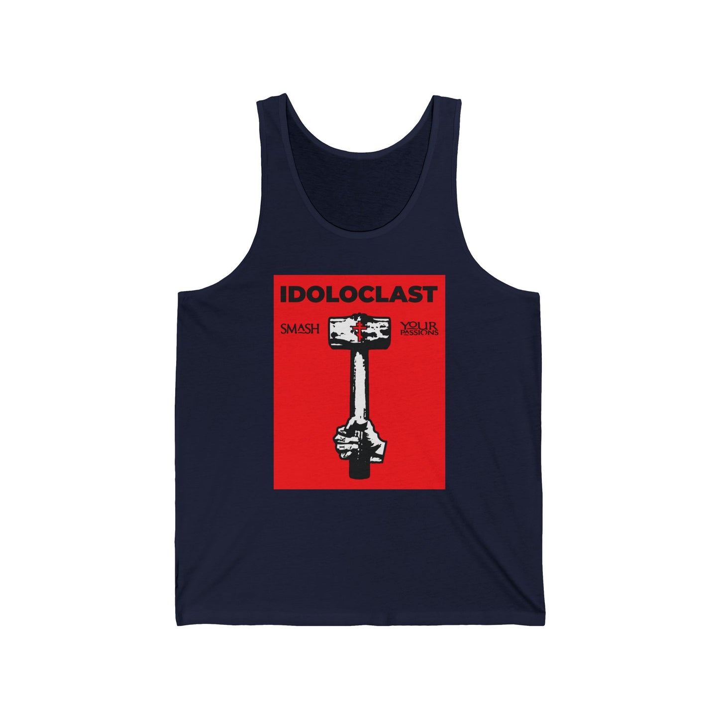 Idoloclast Idol-Smasher | Jesus NIKA Fist w/ Sledgehammer on Red Background | Smash Your Passions | Orthodox Christian Jersey Tank Top / Sleeveless Shirt