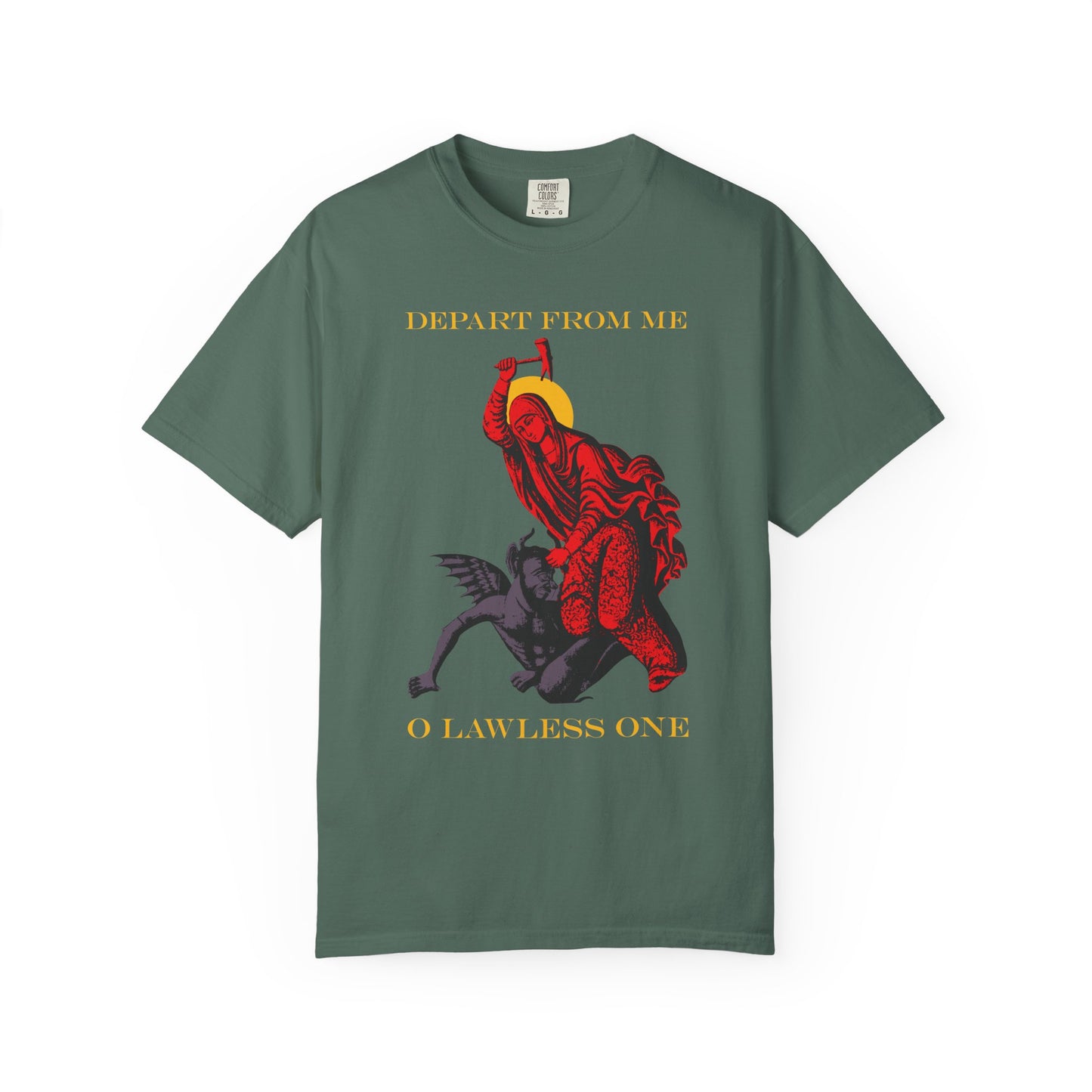 Blue Spruce t-shirt featuring St. Marina beating the devil with a hammer, with "DEPART FROM ME O LAWLESS ONE" text, inspired by the Life of the Great Martyr Marina. Heavyweight cotton unisex St Marina IconoGraphic design.