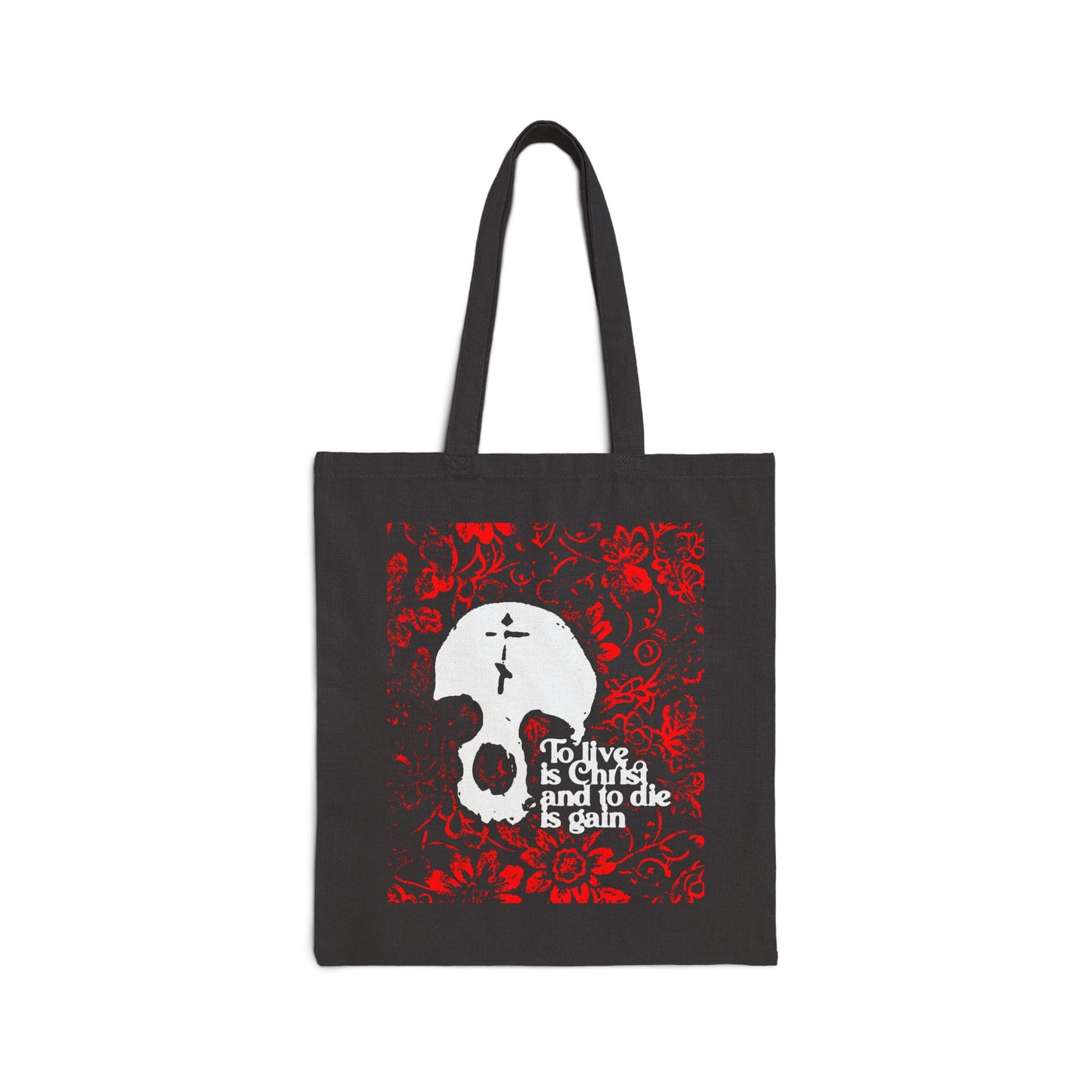 To Live is Christ To Die is Gain (Phil 1:21) | Skull with Cross on Red Floral Texture | Orthodox Christian Cotton Canvas Tote Bag