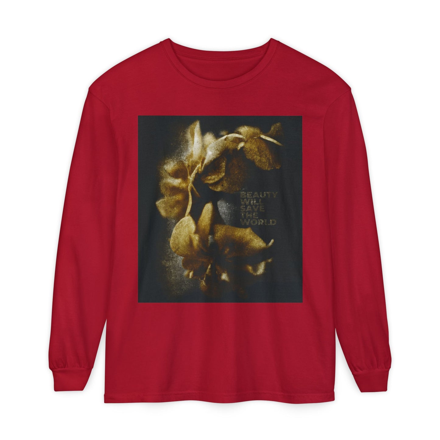 Red “Beauty Will Save the World” Christian long sleeve, featuring Dostoevsky-inspired photographic artwork glorifying Jesus Christ, Universal Creator & King—celebrate faith and style in every wear.