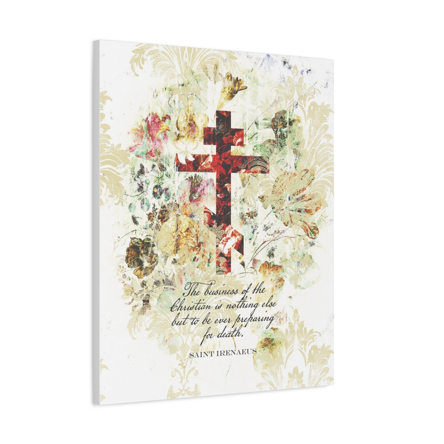 Preparing For Death | White & Beige Floral Scrapbook Texture Cross | Arts & Crafts Style | St Irenaeus | Orthodox Christian Canvas Art