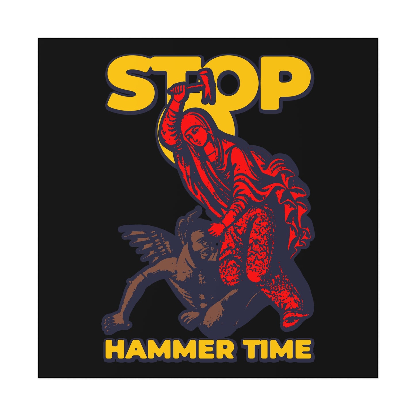 The "St Marina of Antioch Beating the Devil with a Hammer" poster features bold STOP HAMMER TIME text and a modern Orthodox meme design, showing Marina with a hammer over the devil in red, blue, and yellow Christian art.