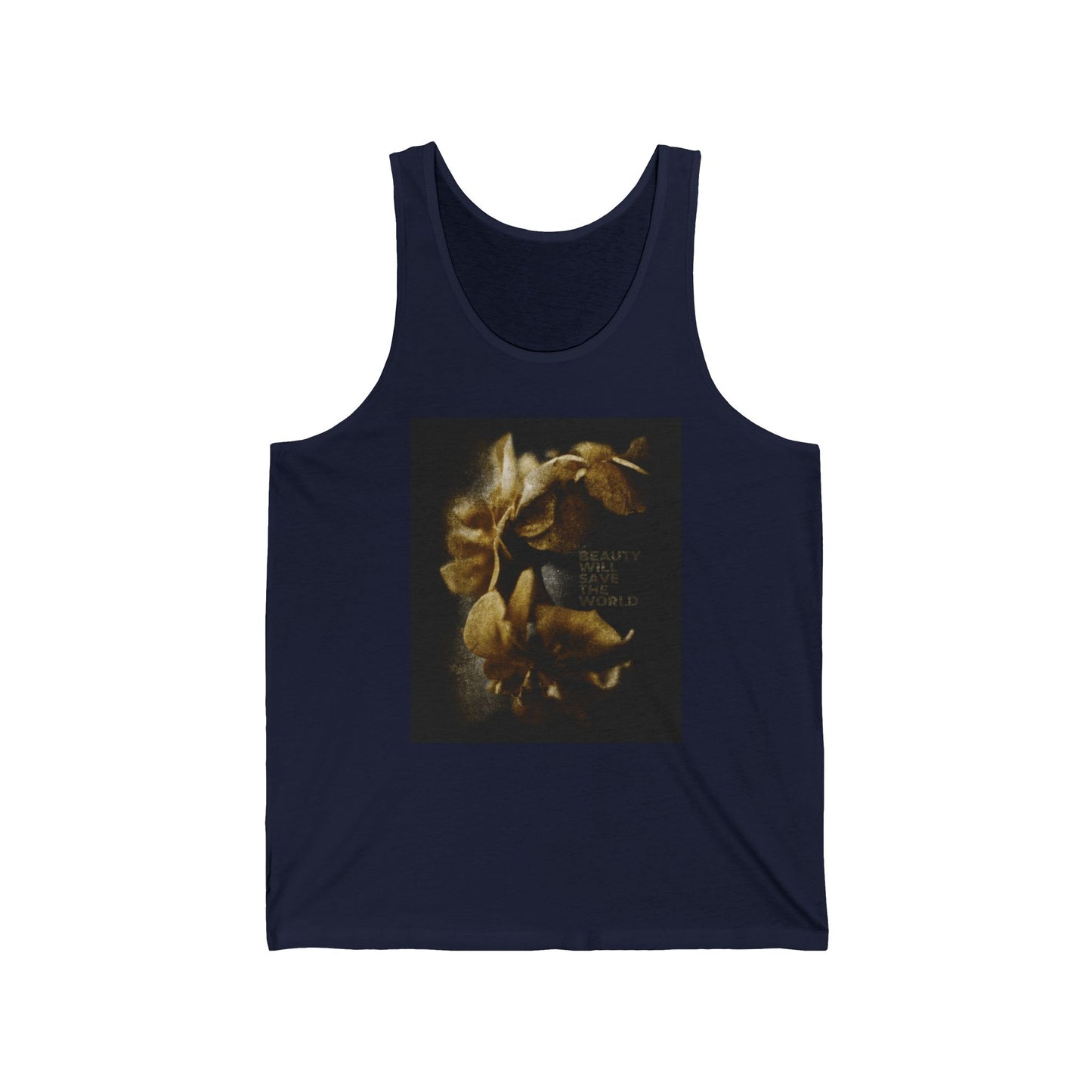 Navy tank top featuring "Beauty Will Save the World" with original photography glorifying Jesus Christ, Universal Creator & King. Christian apparel inspired by Dostoevsky.