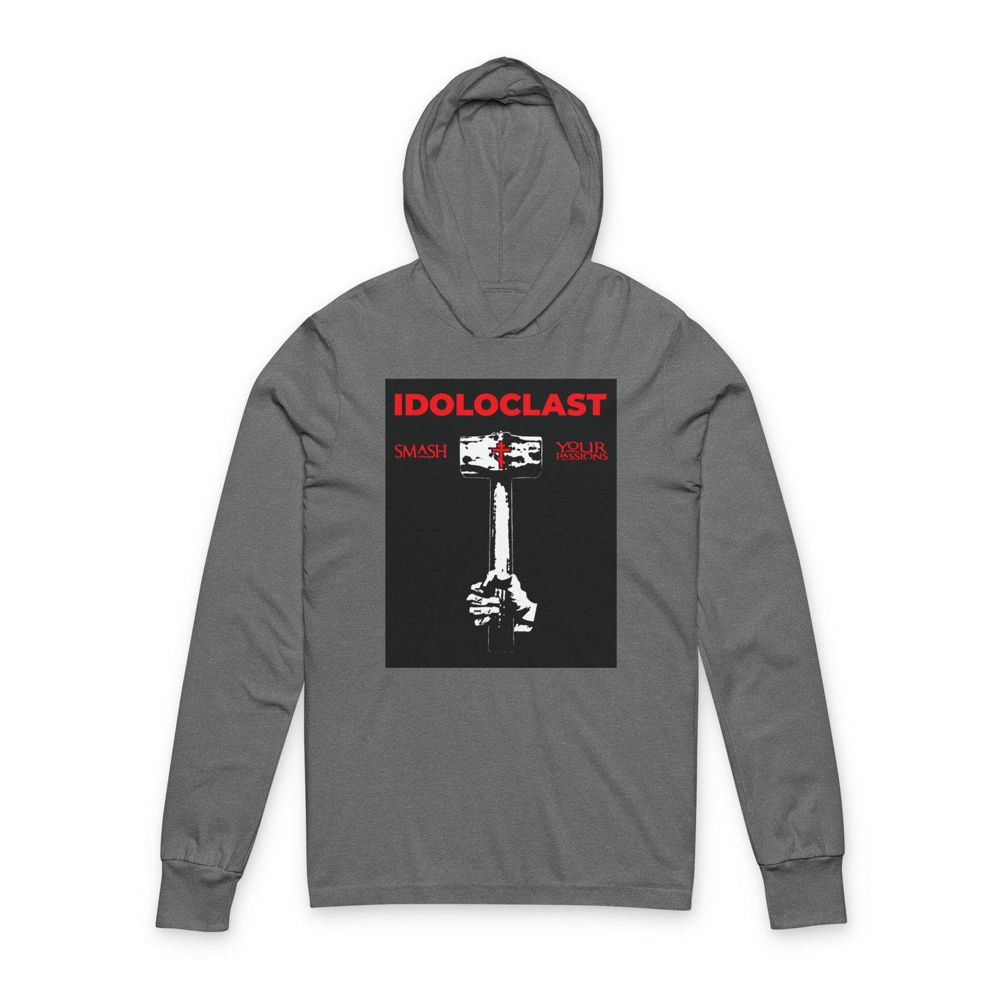 Grey TriBlend hoodie featuring the Idoloclast Idol-Smasher design: Jesus’ fist with a sledgehammer, “IDOLOCLAST” in red, and “ICXC NIKA”—inspired by Christian asceticism and Orthodox tradition.