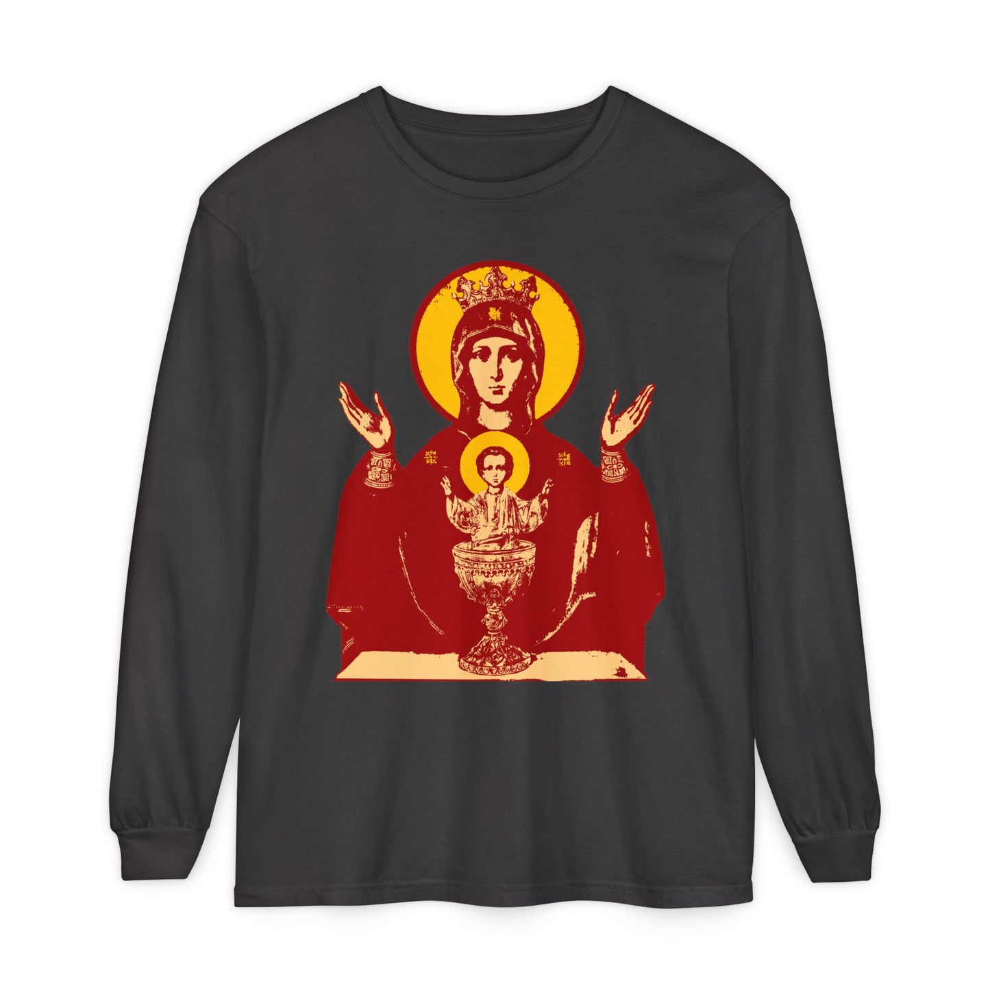 Graphite long-sleeve shirt featuring a Holy Theotokos IconoGraphic of the Inexhaustible Chalice (Deliverer from Addictions, Conquer Passions) on the front; an Orthodox Christian design.