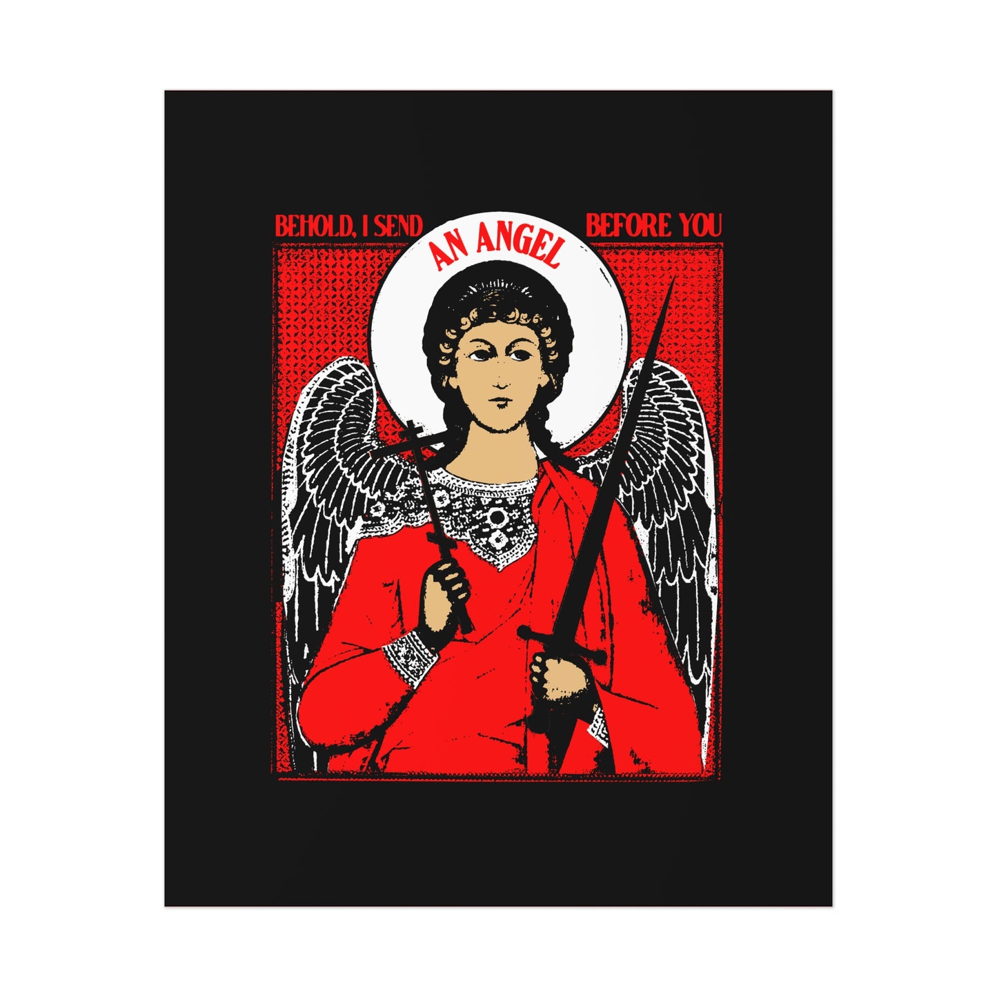Behold I Send an Angel Before You (Ex 23:20) | Guardian Angel With Cross & Sword IconoGraphic | Orthodox Christian Art Poster