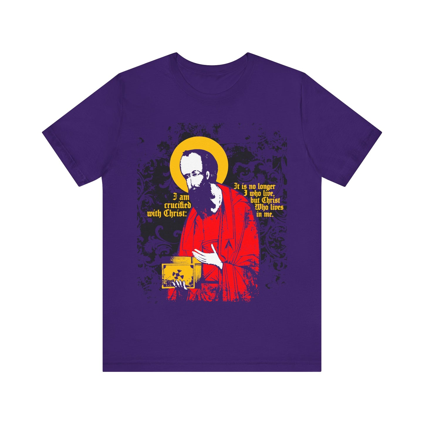 Team Purple T-shirt featuring St Paul holding the Gospel in an iconographic style, with gold “I am crucified with Christ…” text (Galatians 2:20)—an Orthodox Christian statement of faith.