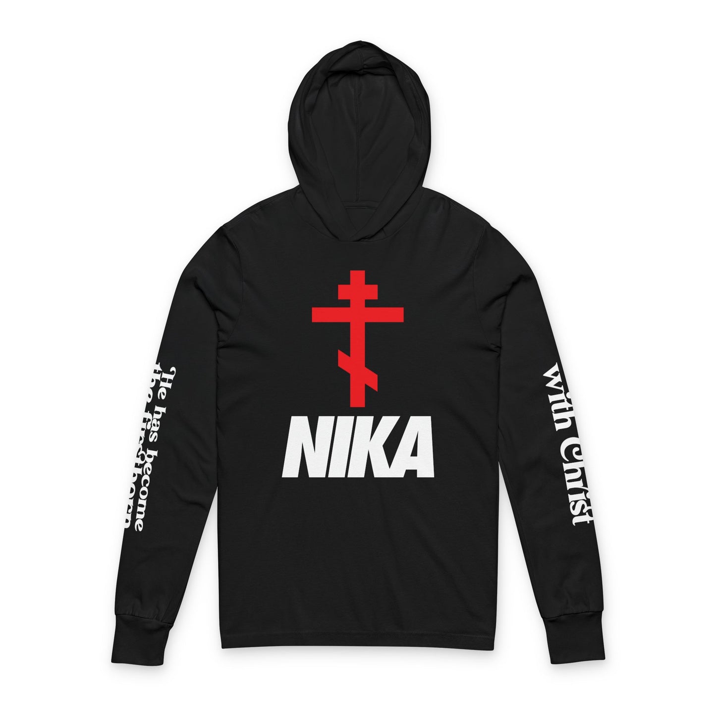 NIKA Orthodox Cross NIKE Logo Mashup | Crucified With Christ | Firstborn of the Dead | Sleeve Prints | Orthodox Long Sleeve Hooded Shirt