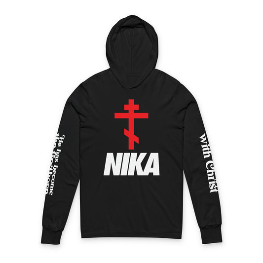 NIKA Orthodox Cross NIKE Logo Mashup | Crucified With Christ | Firstborn of the Dead | Sleeve Prints | Orthodox Long Sleeve Hooded Shirt