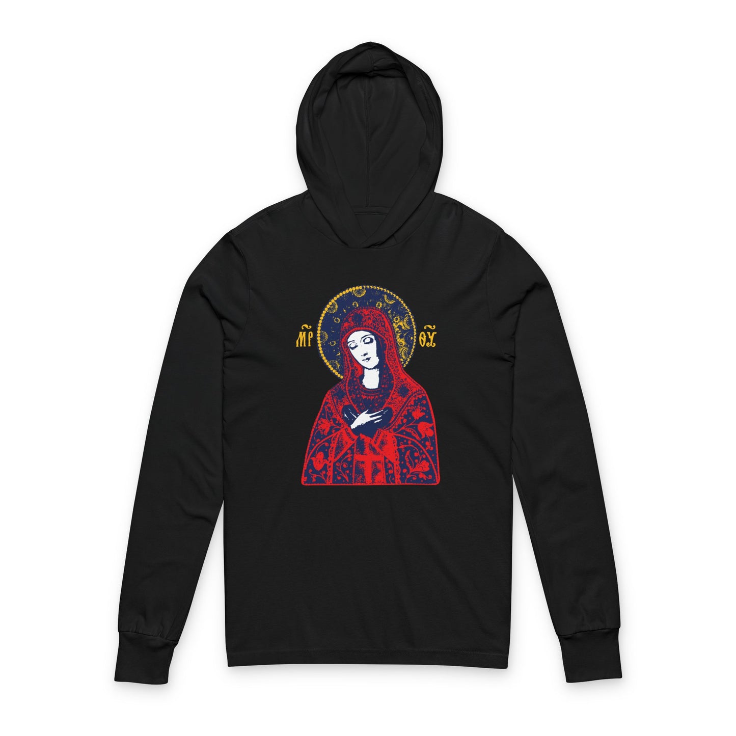 Joy of All Joys Tenderness Theotokos Iconographic Based on Traditional Orthodox Iconography | Red Design | Orthodox Long Sleeve Hooded Shirt