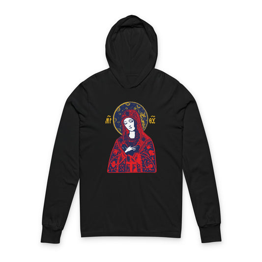Joy of All Joys Tenderness Theotokos Iconographic Based on Traditional Orthodox Iconography | Red Design | Orthodox Long Sleeve Hooded Shirt