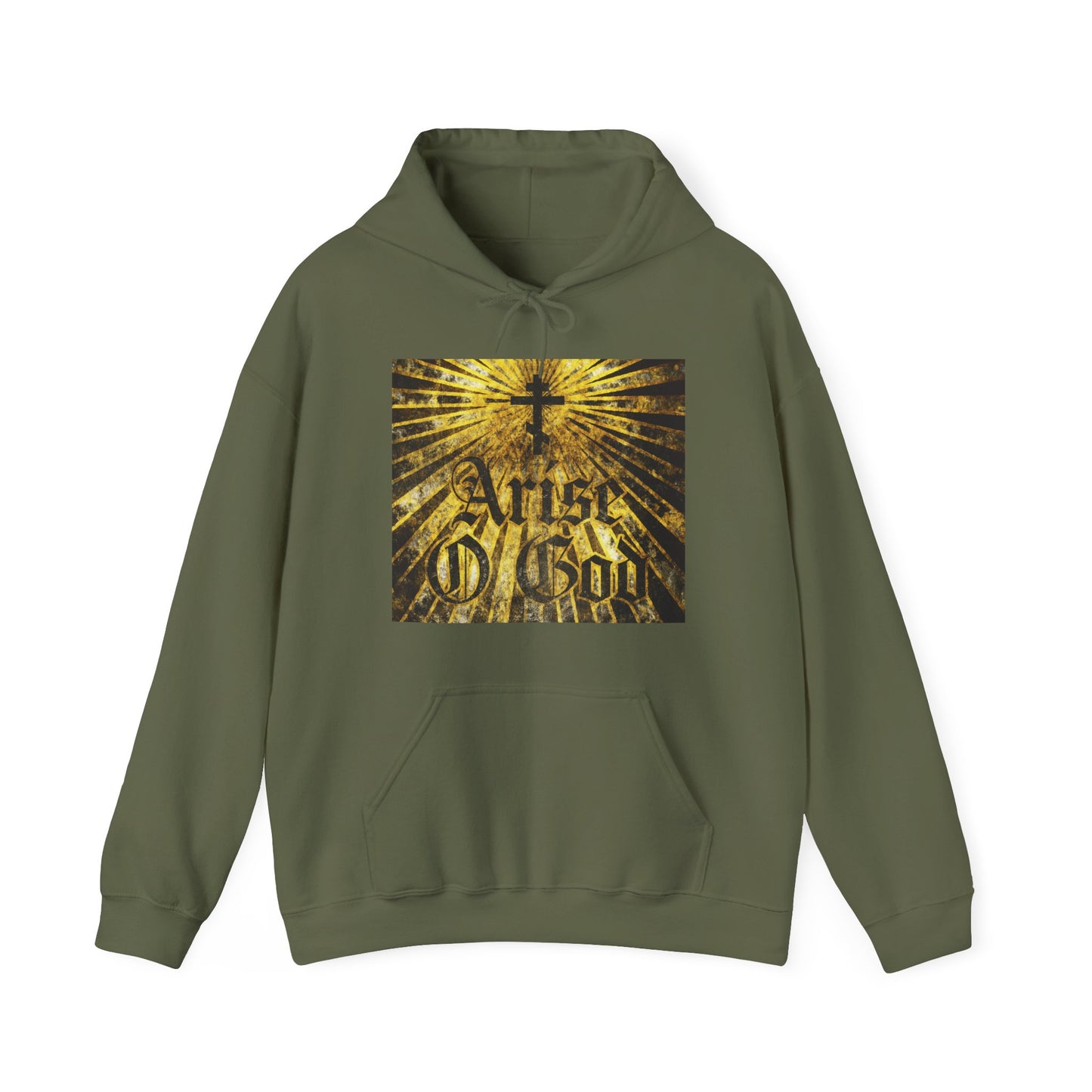 Military green "Arise O God" hoodie featuring Psalm 81 (82 LXX) in textured Gothic font, an Orthodox cross with golden rays, inspired by the Divine Council worldview. Orthodox Christian apparel.