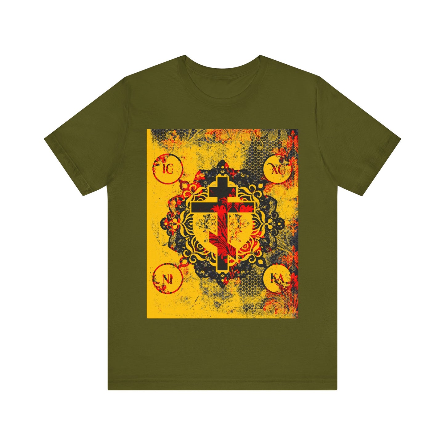 Olive IC XC NIKA Orthodox Cross T-shirt with yellow, red, and black modern & medieval textured floral design—Orthodox Christian apparel.