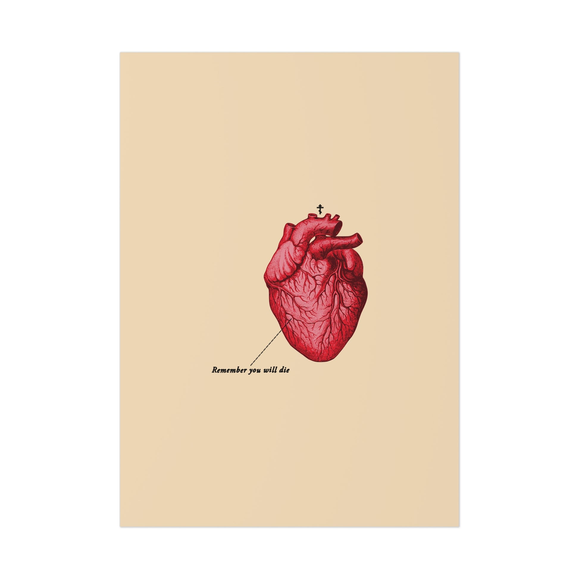 Retro medical textbook heart design featuring an anatomical heart and the phrase "Remember You Will Die" with an Orthodox cross—memento mori Christian poster reminding us it's later than you think.