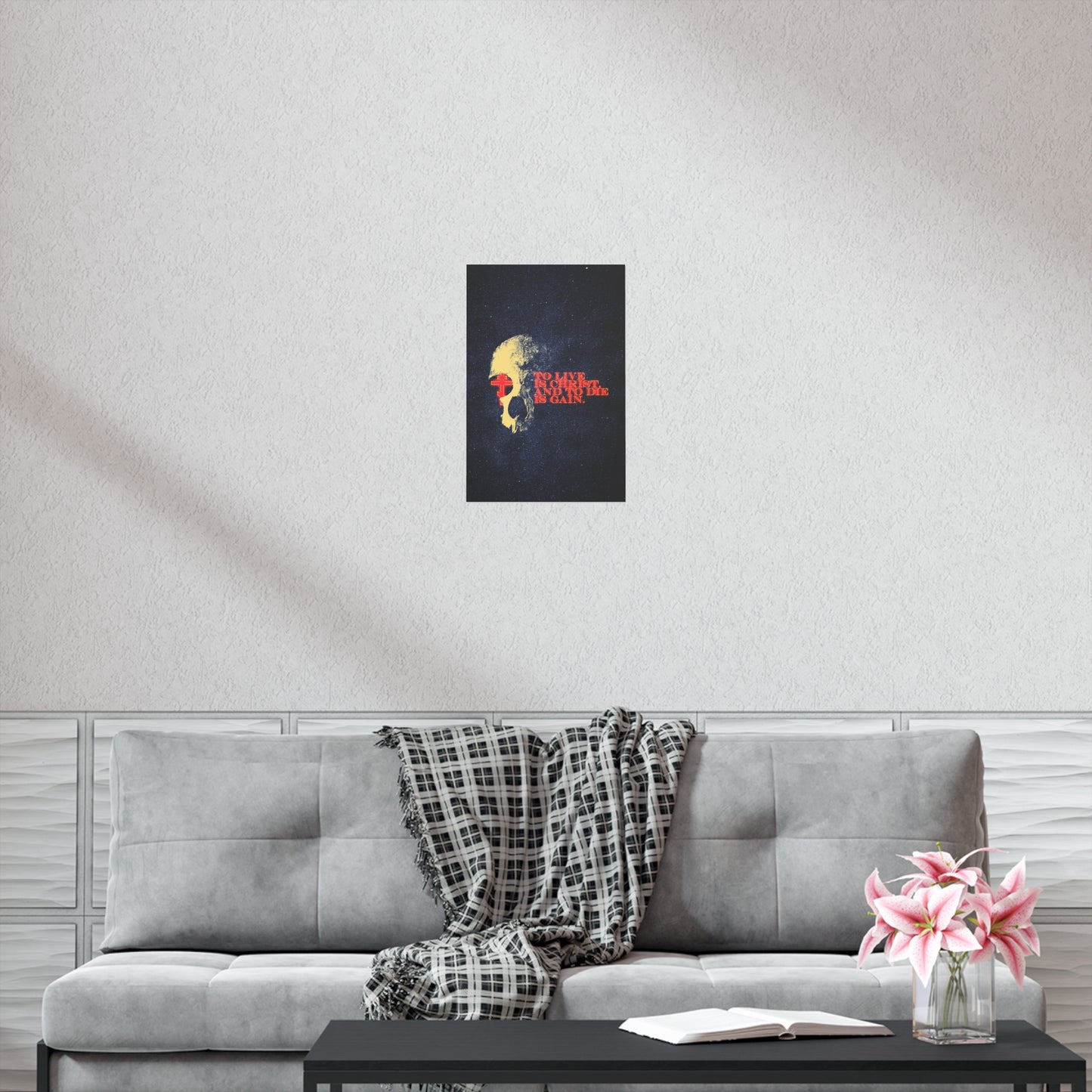 To Live is Christ and to Die is Gain | Phil 1:21 | Retro Texture | Glowing Letters and Cross with Skull | Orthodox Christian Art Poster